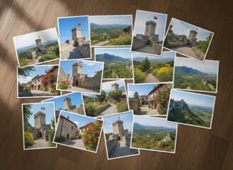 Scattered postcards featuring scenic views of San Marino, showcasing historic towers, lush landscapes, and charming architecture under vibrant daylight.