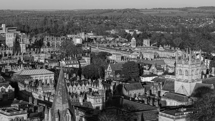 Aerial view highlighting historical university buildings and traditional architecture in Oxford, United Kingdom