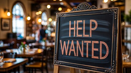Help wanted sign displayed inside restaurant for job hiring
