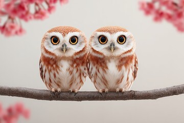 Pair of Cute Small Owls with Large Dark Eyes Sitting on Branch in Spring Blossom Scene