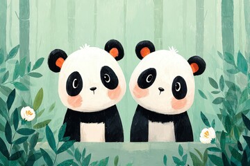 Cute Cartoon Pandas Sitting in Green Forest with Flowers