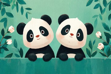 Cute Cartoon Panda Bears Sitting in Green Forest with Pink Flowers