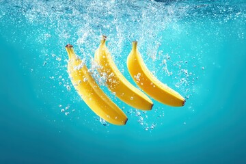 Bright Yellow Bananas Splashing in Blue Water Underwater Scene