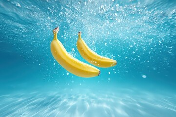 Bright Yellow Bananas Floating in Clear Blue Water Underwater Scene