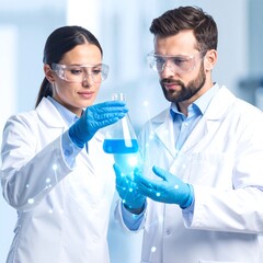 Two scientists, a man and a woman, collaborate in a bright laboratory filled with glass beakers and advanced equipment, focused on their research.