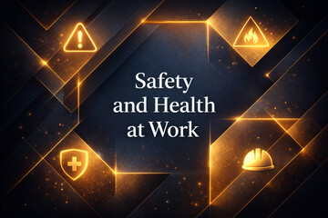 The phrase "Safety and Health at Work" is centrally positioned among glowing orange safety icons, including a hard hat, shield, fire, and caution sign, all interconnected by luminous lines on a dark