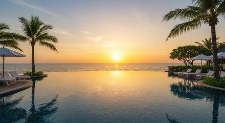 Luxurious infinity pool with palm trees and sun loungers overlooking the ocean at sunset with luxury resort and ocean view and relaxation and tropical