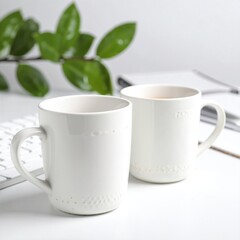 Two elegant white ceramic mugs, one slightly larger than the other, rest side by side on a polished wooden desk, reflecting soft natural light.