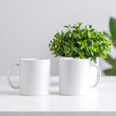 Two elegant white ceramic mugs with smooth finishes sit side by side on a rustic wooden table, casting soft shadows in the warm afternoon light.