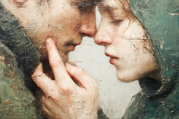 A textured, painterly close-up of two faces leaning toward each other in an intimate moment, with a hand gently touching the lips, evoking tenderness, desire, and emotional connection.