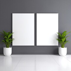 Two minimalist white posters hang on a textured gray wall, surrounded by lush green plants, creating a serene and stylish atmosphere in the room.