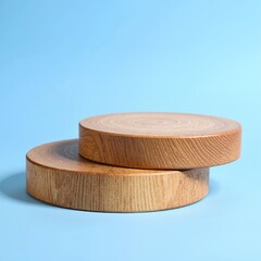 Two intricately designed wooden coasters, featuring unique grain patterns, rest elegantly on a vibrant blue background, enhancing their natural beauty.