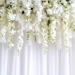 Delicate white flowers gracefully dangle from a beautifully adorned ceiling, creating an enchanting atmosphere filled with elegance and charm.