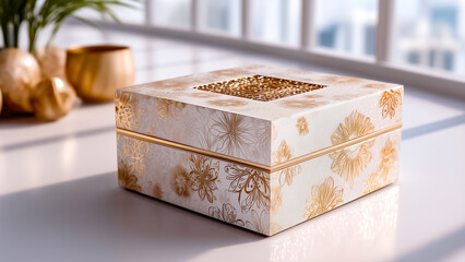Elegant Jewelry Box: A detailed shot of an exquisite jewelry box, a symbol of luxury and refinement, decorated with golden floral patterns, capturing the essence of elegance and sophistication.