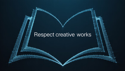 An open book formed by glowing blue digital lines on a dark background with the text "Respect creative works"