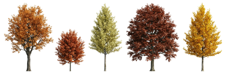 Assortment of Autumn Trees Isolated on White Background