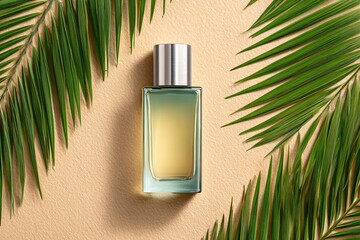 Elegant Glass Perfume Bottle Surrounded by Green Palm Leaves on Beige Background