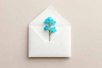 Envelop with Blue Flowers Inside Romantic Greeting Card on Light Beige Background