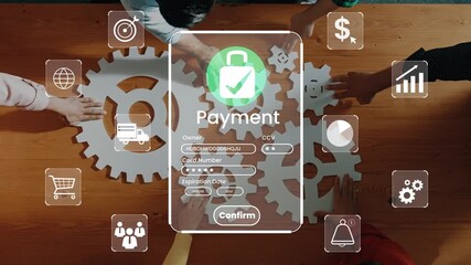 Innovative Payment Solutions Concept with Digital Interface and Diverse Hands Collaborating Over Gears on Wooden Table in Modern Workspace Environment Gluon. - Powered by Adobe