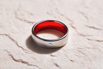 Elegant Silver Ring with Red Interior and Small Diamond on Textured Light Surface