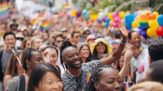 Diverse crowd celebrating at a vibrant pride parade with rainbow flags and balloons