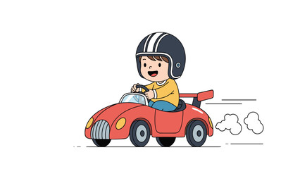 Excited little boy wearing a helmet while driving a red toy racing car with clouds of smoke behind it.