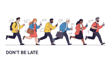 Fototapeta premium Group of diverse business people running fast to work with coffee and bags under the message reminding not to be late.