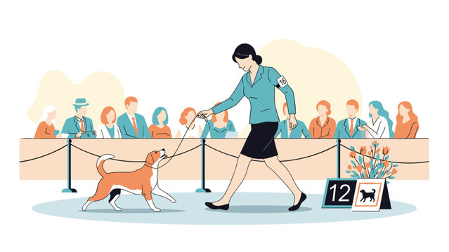 Professional handler showing a beagle dog to a panel of judges during a formal canine competition or dog show event.