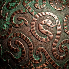 Fototapeta premium Detailed close-up showing ancient artistry and textures on a piece of ornate copper metalwork, featuring fine hammered carvings and antique patina finish, old, background, surface