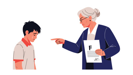 Strict older woman pointing her finger at a crying young boy while holding a school test paper with a failing grade mark.