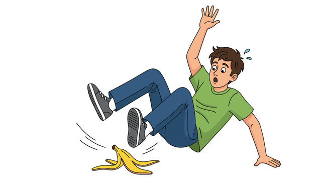 Young man losing his balance and falling backward after accidentally slipping on a yellow banana peel on a white surface.