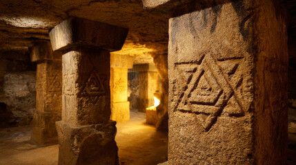 Merkaba and ancient esoteric sacred symbols carved on stone pillars in an ancient cave