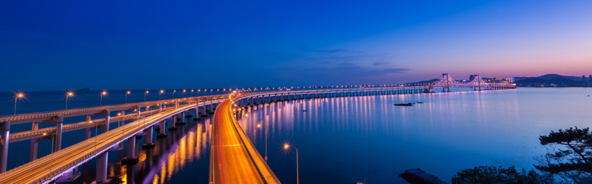 Dalian Bridge at Dusk - Illuminated Sea Crossing Panorama