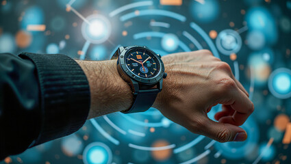 A smart watch on someone's wrist, with digital screens floating around it displaying various AI interface designs and icons