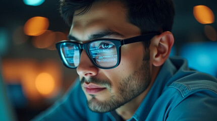 A man - programmer, software engineer, developer or hacker - in front of the computer screen, with code lines reflecting in his glasses