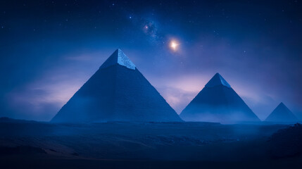Cinematic scene of the Giza Plateau at night, with the pyramids silhouetted against the Orion’s Belt that shines above
