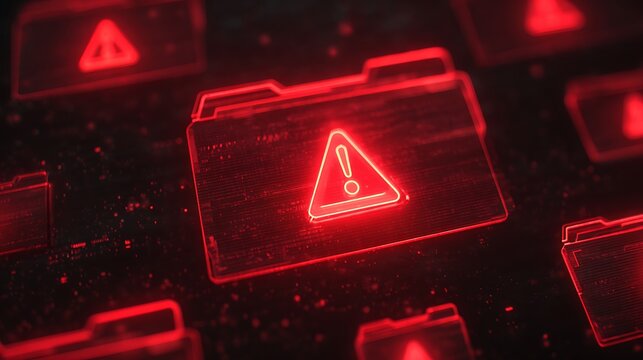 Glowing red folders with exclamation marks on a dark background, digital security concept