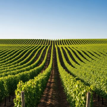 Endless parallel rows of green grapevines stretch across rolling hills beneath a clear summer sky, emphasizing agricultural scale and natural beauty, natural, ripe, food