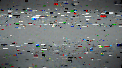 A distorted digital screen displaying a chaotic mix of colorful pixels and glitchy effects, conveying a sense of digital noise and disrupted signal transmission.