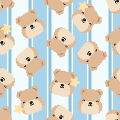 Cute teddy bear pattern with pastel blue stripes and stars, seamless nursery background for kids fabric, baby products and adorable gift wrap design.