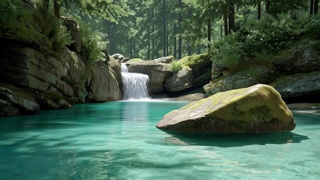 A waterfall flows gently into a pool of clear water in a lush forest. Rocks and greenery frame the scene while sunlight filters through the trees. Nature is vibrant and alive.