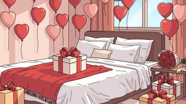 Romantic bedroom decorated with heart balloons and gifts for Valentines Day