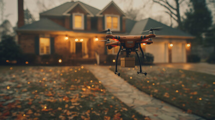 A drone delivering a package to a suburban home