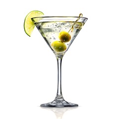 Elegant martini in a classic glass with olives and a lime garnish