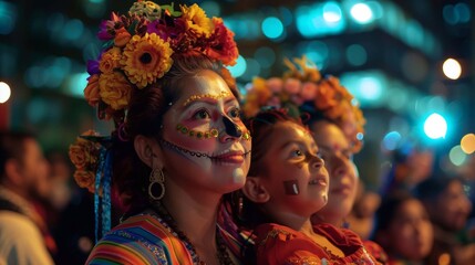 A woman and a young girl, dressed in traditional colorful attire, are adorned with intricate face paint sugar skulls celebration Day of the Dead