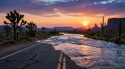Desert Sunset Over Winding Road with Joshua Trees