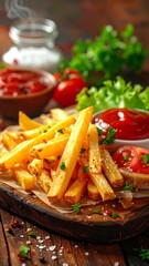 Golden french fries piled on wooden board with ketchup, tomatoes, greens, and salt, with a warm, rustic setting