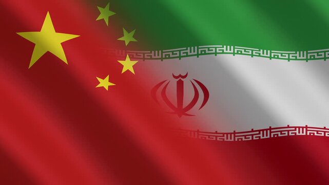 Combination of China and Iran flags waving together, symbolizing strong international partnership and global relations