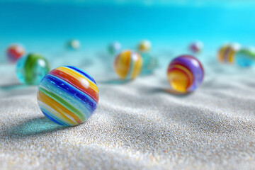 Abstract surreal colorful pearls on sandy beach