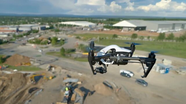 Medium shot of an automated drone hovering over a busy construction site capturing highresolution data for efficient structural inspections.